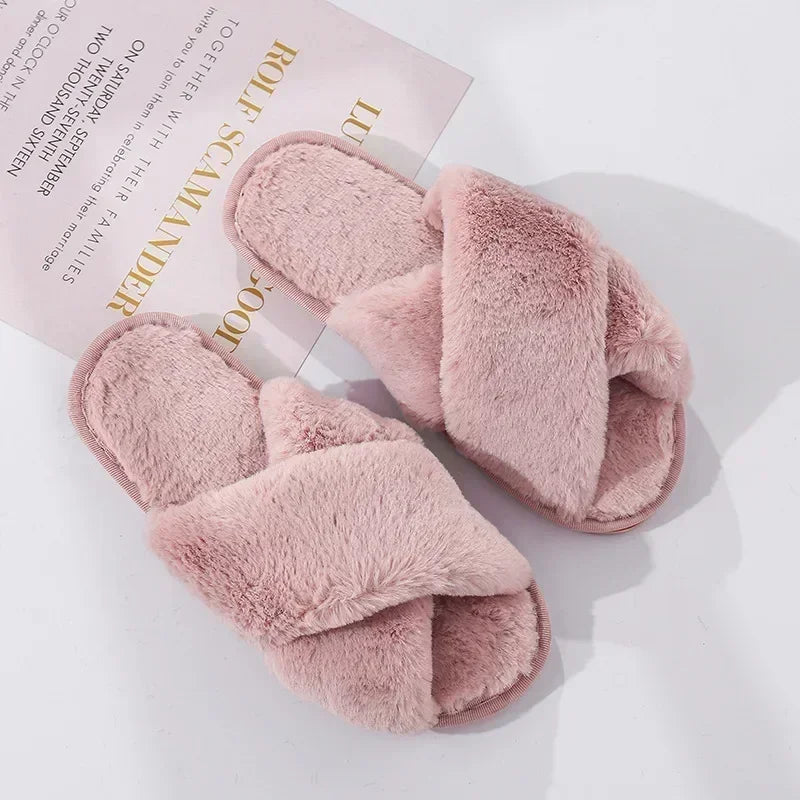 Winter Women’s House Slippers – Faux Fur Slip-On Flats, Cozy Warm Home Slides in Black & Pink