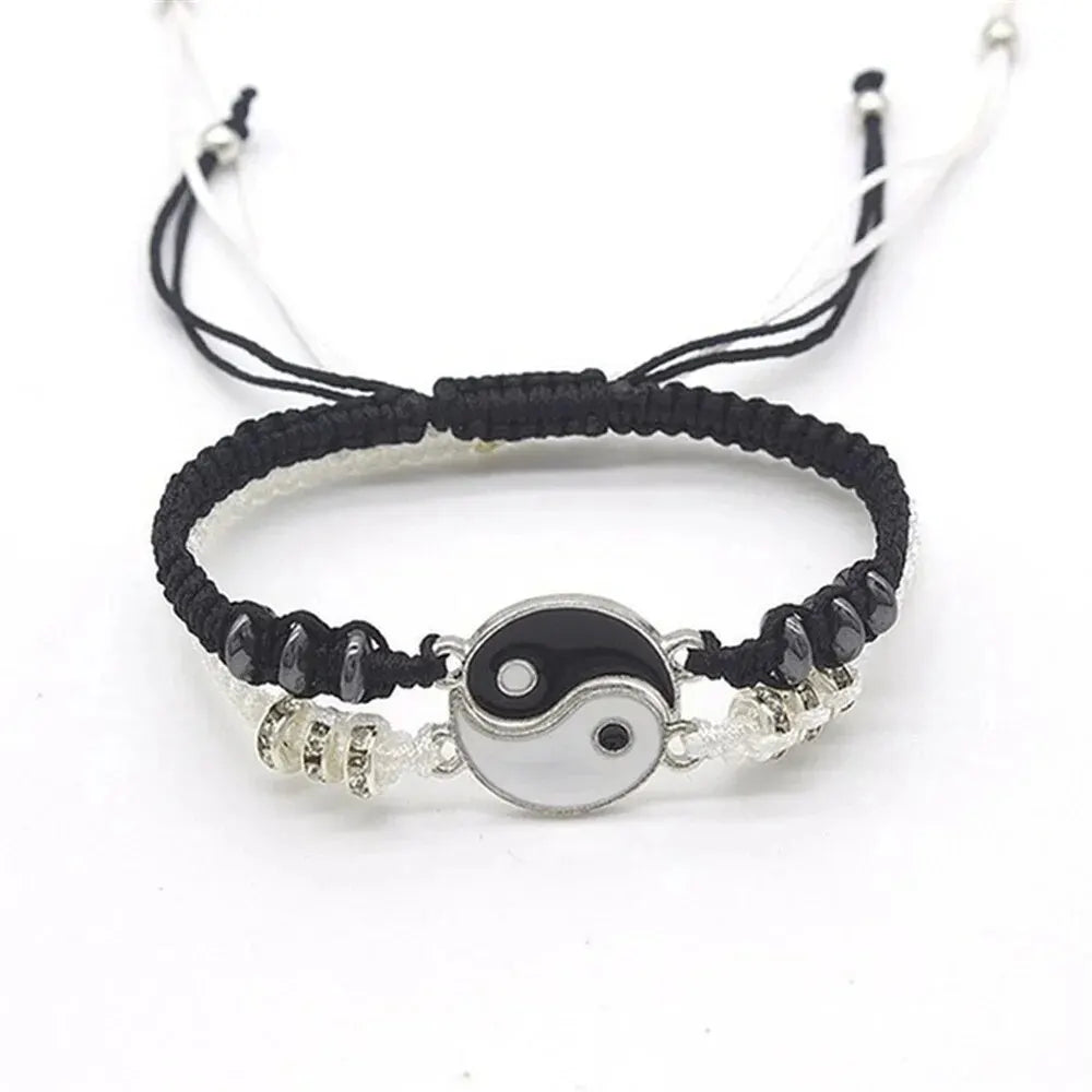 Couple Tai Chi Bracelet Set – Black & White Adjustable Rope Chain Jewelry for Daily Wear, Simple Style
