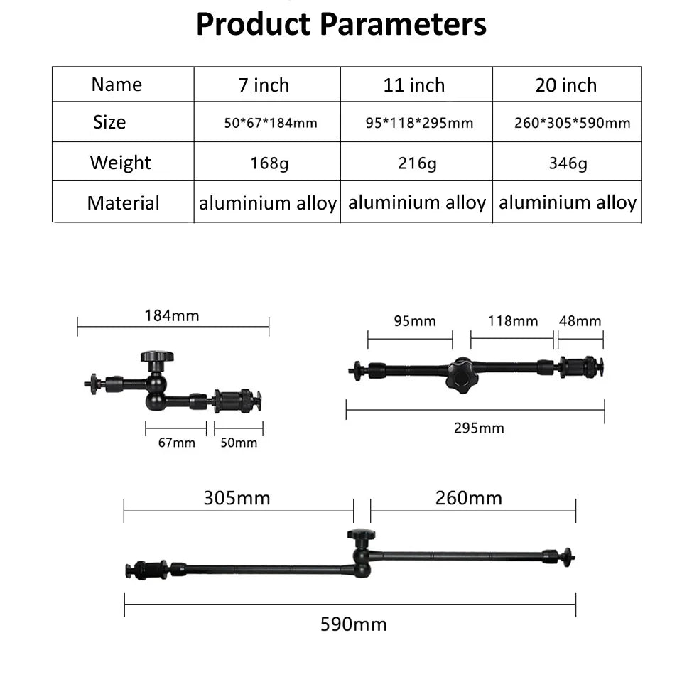 7/11/20 Inch Metal Articulating Magic Arm – Super Clamp Stand for DSLR Camera & Photo Studio Accessories