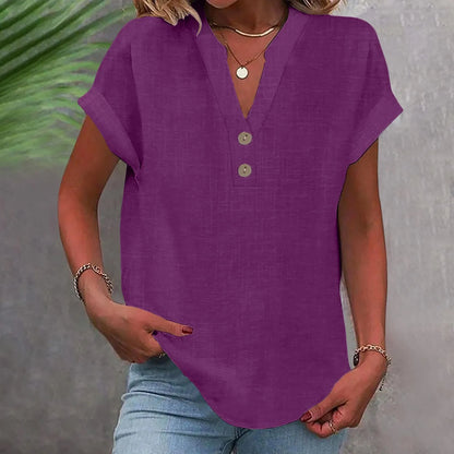Women’s Summer Cotton Linen V-Neck Button Down Shirt – Breathable Casual Office Top in Solid Colors