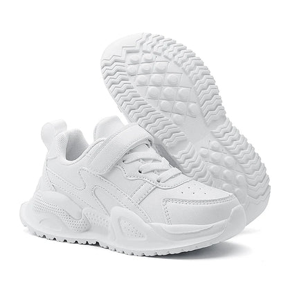 White Kids Leather Casual Shoes — Boys & Girls Outdoor Running Sneakers, Breathable Mesh, Non-Slip School Walking Sport Shoes