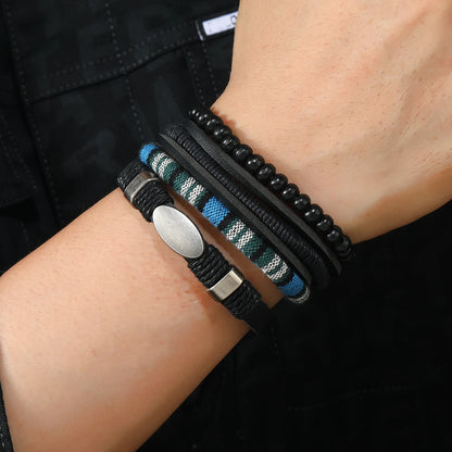 4Pcs Men's Braided Leather Bracelets Set – Vintage Life Tree & Rudder Charms, Wood Beads, Ethnic Tribal Wristbands