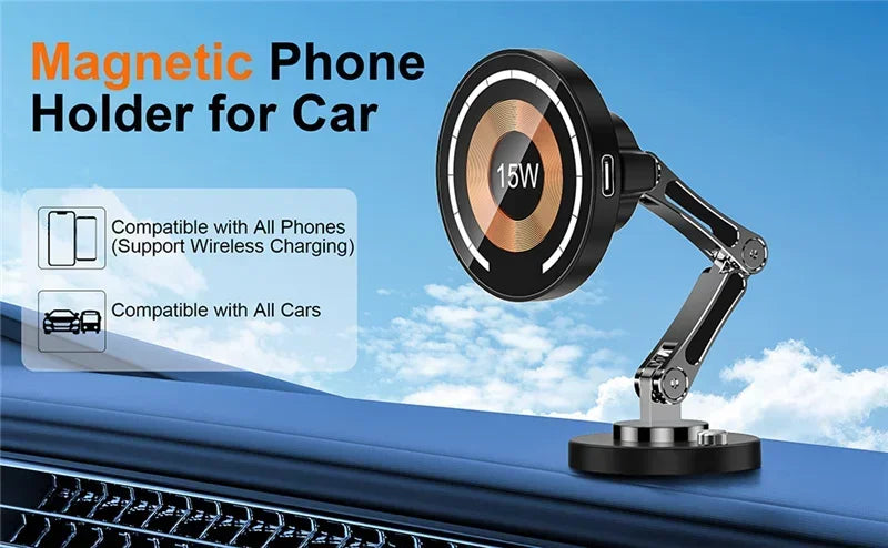 Magnetic Wireless Car Charger Stand – Fast Charging Mount & Phone Holder for MagSafe iPhone 15/14/13/12 Series