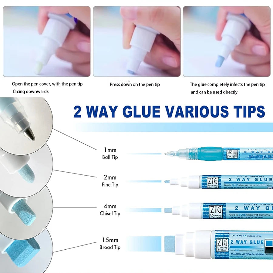 Kuretake Zig 2-Way Glue Pen – Precision Adhesive for Crafts, Scrapbooking & Art (1mm/2mm/4mm/15mm)
