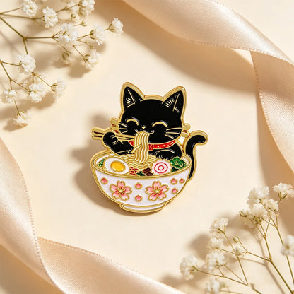 2/3-Piece Cute Black Cat Enamel Pin Set - Noodle Cartoon Badges for Backpacks, Hats, Collars, and Gifts