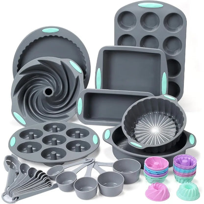 49 Piece Silicone Bakeware Set - Heat Resistant Baking Pans, Bread and Muffin Molds with Measuring Cups and Spoons