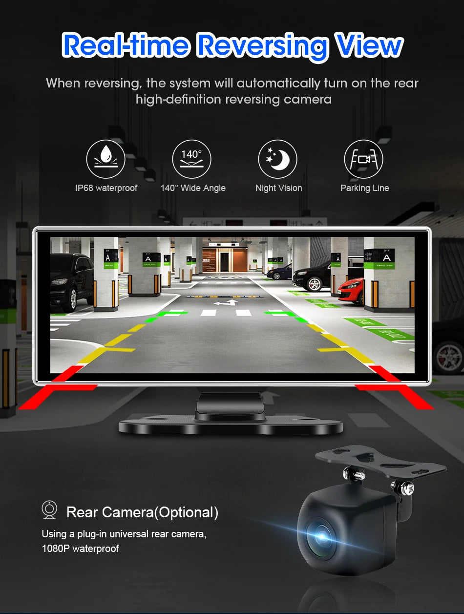 11.26-inch 4K Car DVR Dash Cam – Dual Lens Wireless CarPlay & Android Auto, GPS Navigation, 5G WiFi, FM, AUX Video Recorder Monitor
