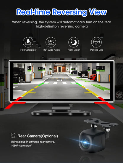 11.26-inch 4K Car DVR Dash Cam – Dual Lens Wireless CarPlay & Android Auto, GPS Navigation, 5G WiFi, FM, AUX Video Recorder Monitor