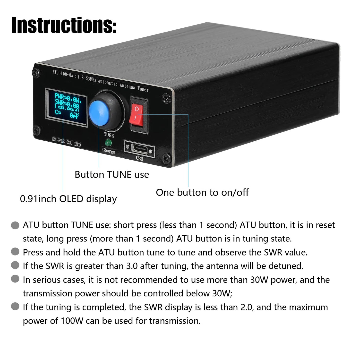 ATU-100-0A Mini Automatic Antenna Tuner – 1.8-55MHz with OLED Display, Aluminum Alloy Case, 1500mAh Battery