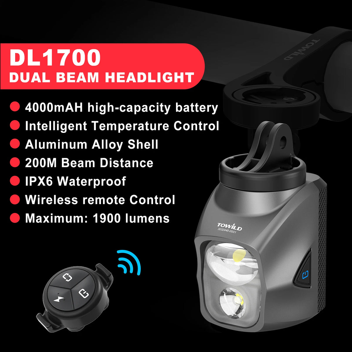 TOWILD DL1200S/DL1700 Bike Light - Rechargeable MTB Front Headlight with Cut-Off Beam, 1900LM Output & Power Bank Function