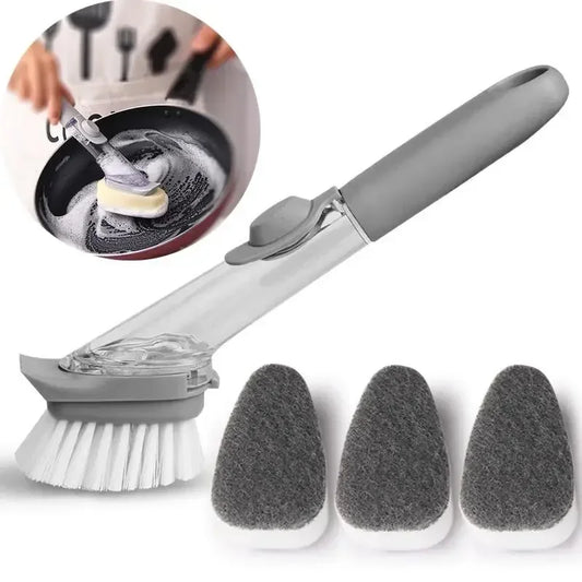 Refillable Liquid Cleaning Brush – Kitchen Bowl Scrubber with Long Handle & Dish Soap Dispenser