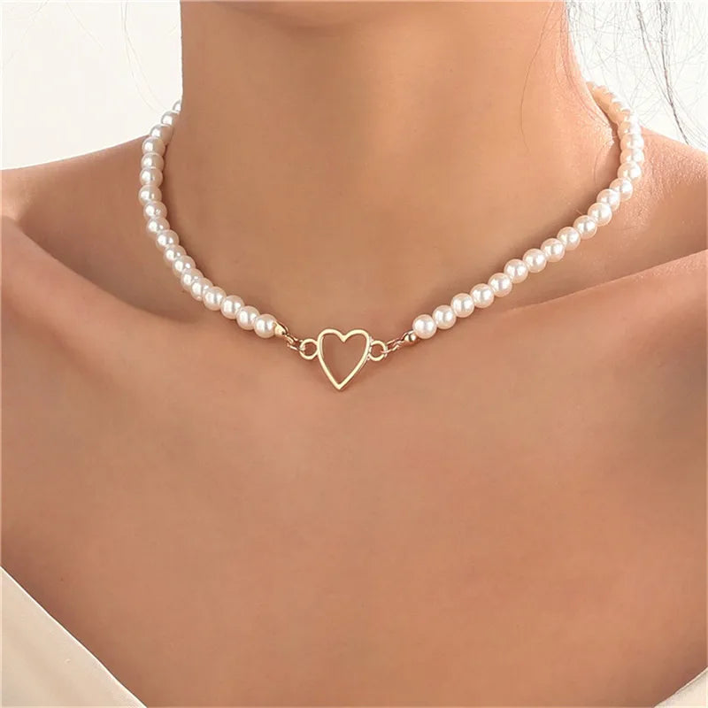 Imitation Pearl Heart Choker Necklace for Women – Trendy Party Clavicle Jewelry Gift