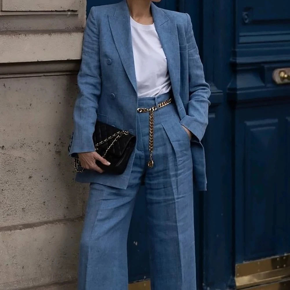 Women's Two Piece Pants Suit Set - Double Breasted Elegant Blazer & Professional Office Business Outfit
