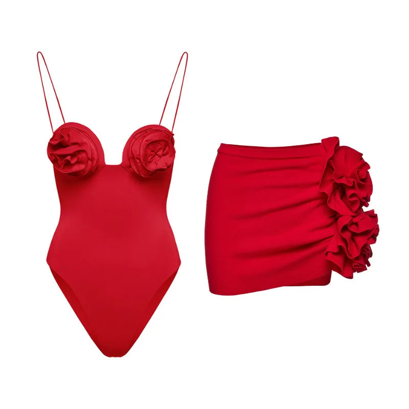 Blue One-Shoulder Ruffle Floral Monokini Swimsuit with Cover Up Sexy One Piece Beach Swimwear for Women Summer