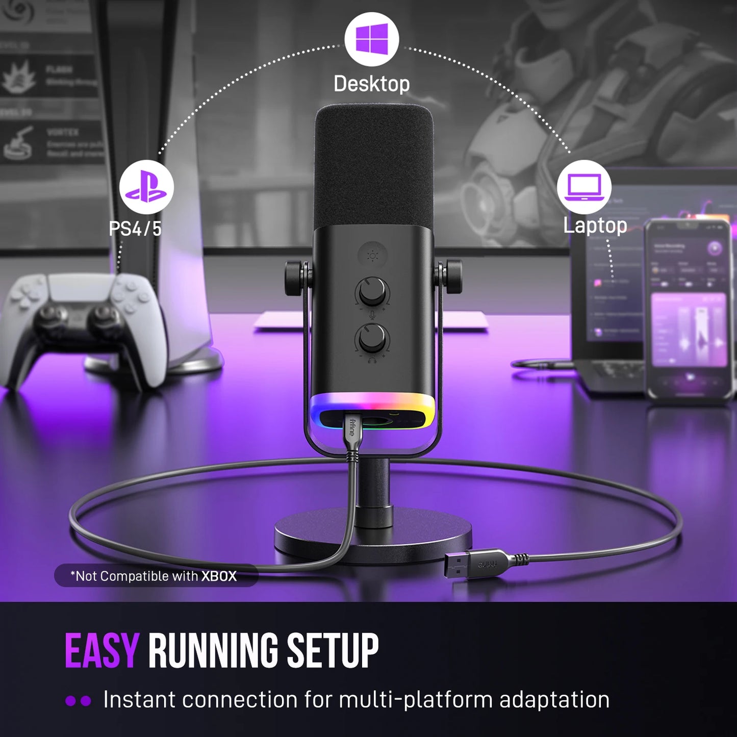 FIFINE AmpliGame AM8 USB/XLR Dynamic Microphone – RGB Control, Headphone Jack, Mute Button for PC Gaming, Recording, and Streaming