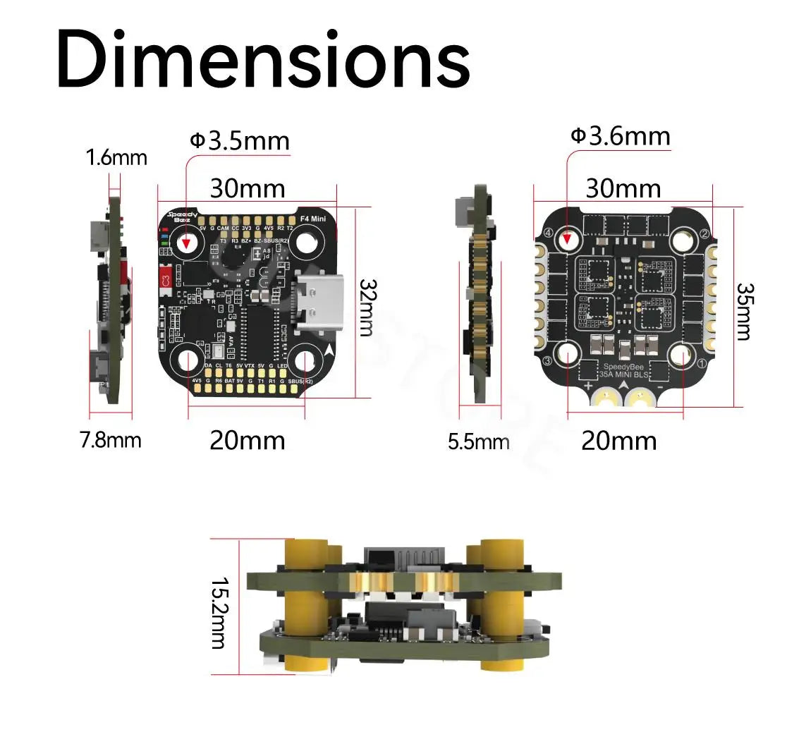 SpeedyBee F405 Mini 20x20 Stack — BLS 35A Flight Controller + BLS 35A Mini V2 4-in-1 ESC for FPV Racing Drones