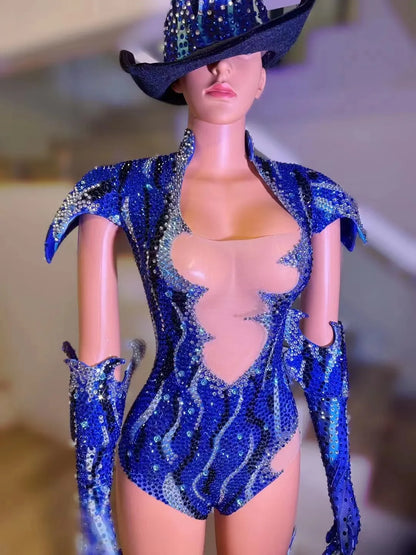 Sparkly Rhinestone Dance Performance Set - Bodysuit, Gloves & Hat Stage Costume