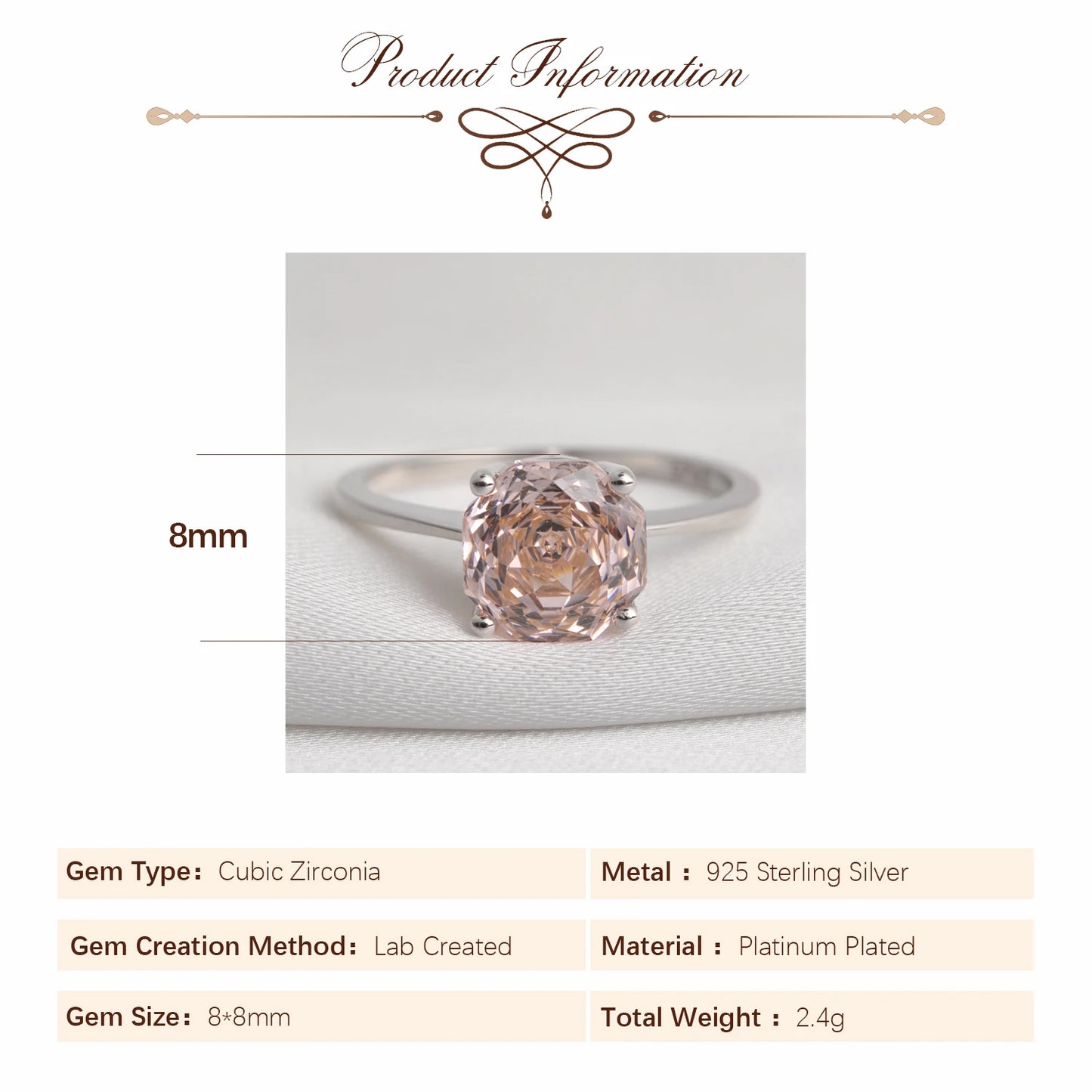 Potiy 2ct Octagon Rose Cut Morganite Pink CZ Solitaire Ring – 925 Sterling Silver Women’s Jewelry Gift with Certificate