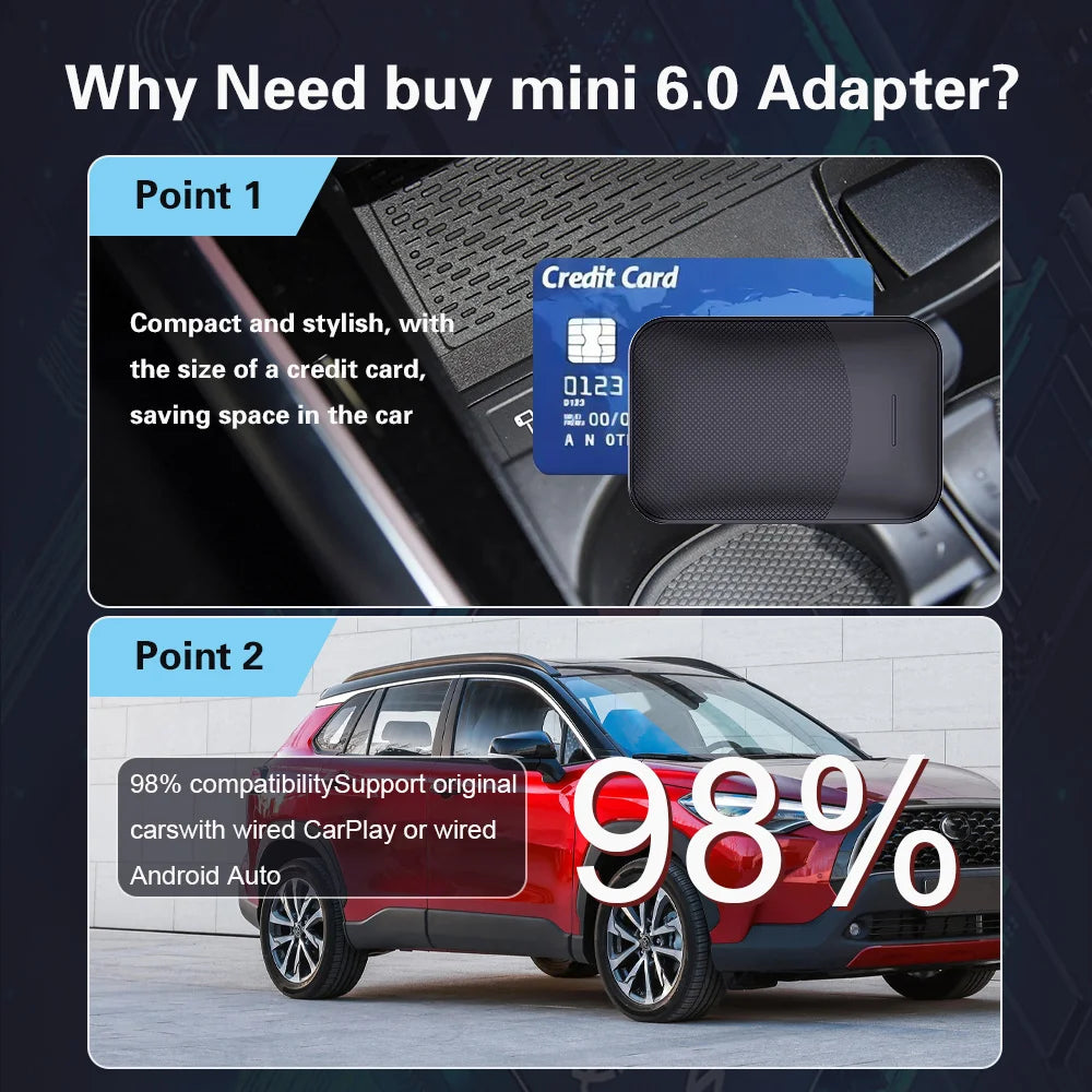 Wireless CarPlay Mini 6.0 Adapter – Small Box for Android Auto, Plug and Play Dongle with Bluetooth WiFi, Compatible with Ford, Toyota, Volkswagen