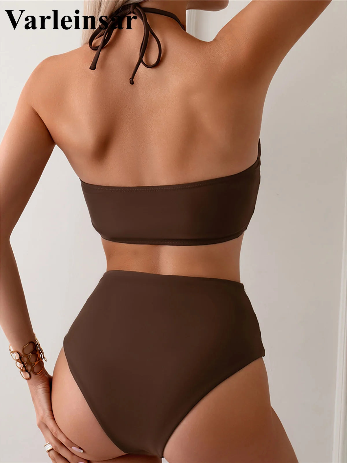 Women’s Halter High Neck Bikini Set, Wrinkled High Waist Two-Piece Swimsuit, Stylish Bathing Suit Swimwear V5616