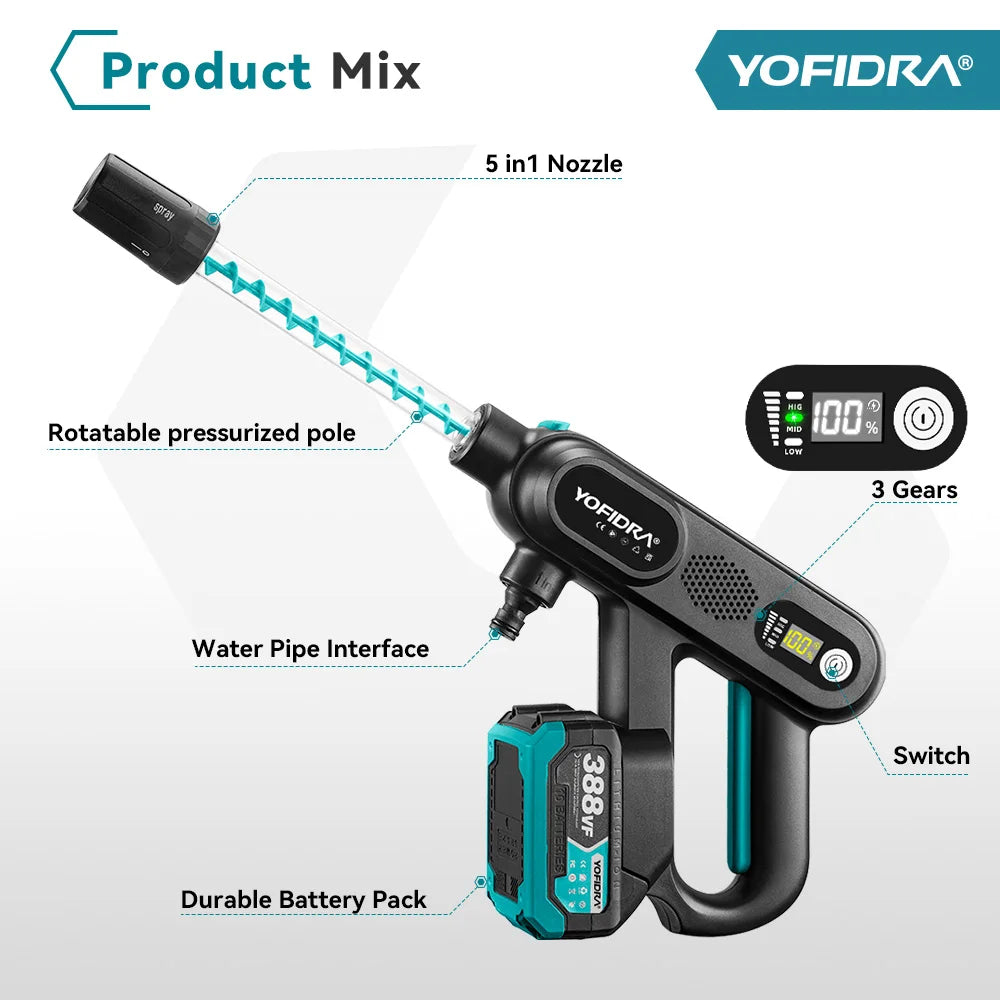 YOFIDRA 220Bar Brushless High Pressure Car Washer – 3 Gear Electric Spray Gun for Makita 18V Battery, Garden & Vehicle Cleaning