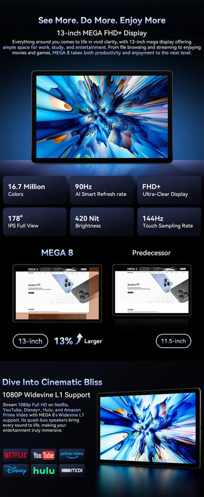 Blackview MEGA 8 Tablet – 13" FHD+ 90Hz Display, 11000mAh, Android 15, 50MP Camera, 4 Speakers, 4G Pad PC