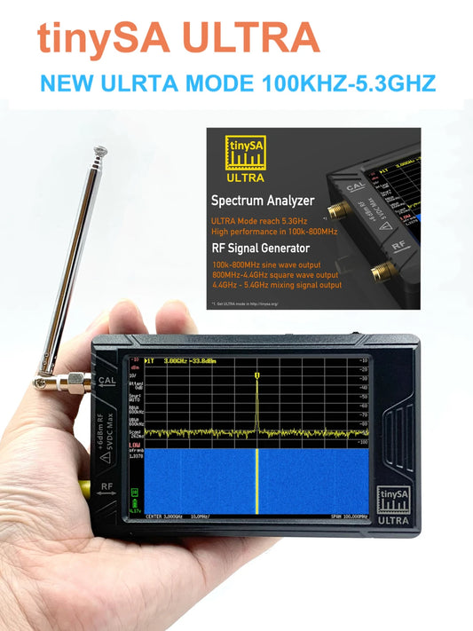 4-inch TinySA Ultra Spectrum Analyzer – 100kHz to 5.3GHz with MF, HF, VHF & UHF Input