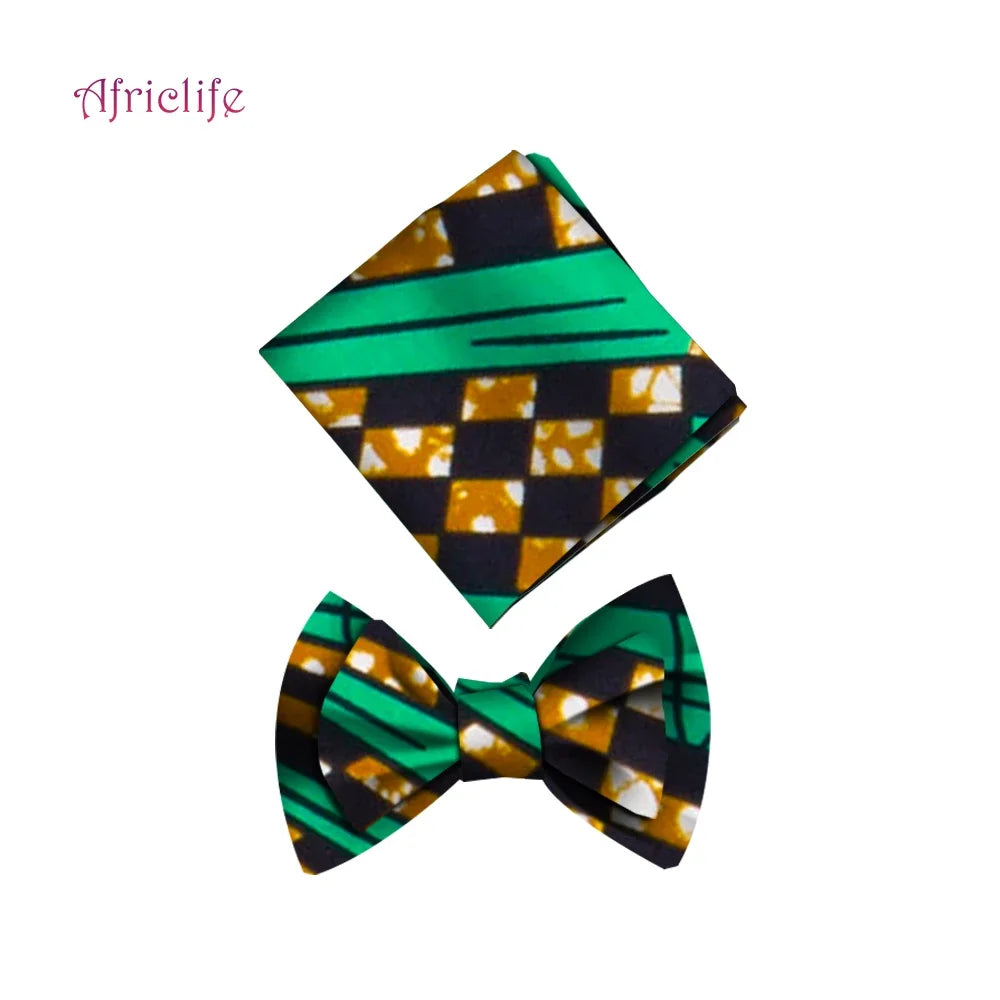 African Print Bow Tie & Kerchief Set - Bohemian Cotton Accessories for Men, Stylish Gift SP077