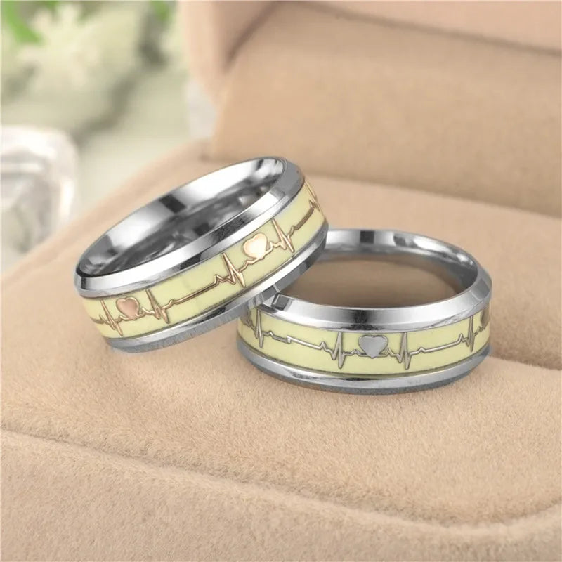 Luminous Stainless Steel Love Heart Couples Rings – Glow in the Dark Fluorescent Wedding Band Finger Rings Accessories