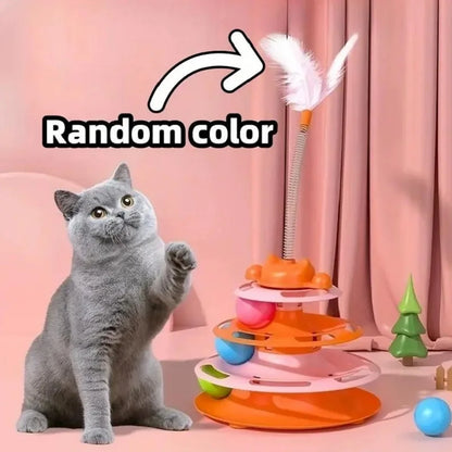 Interactive Cat Toy Tower - Kitten Turntable Track Roller Balls & Feather Training Toy