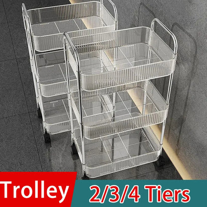 Mobile Shelf with Wheels - Multi-Layer Storage Rack Home Trolley, 2/3/4 Tiers Rolling Cart for Snacks, Cosmetics, and Sundries Organizer
