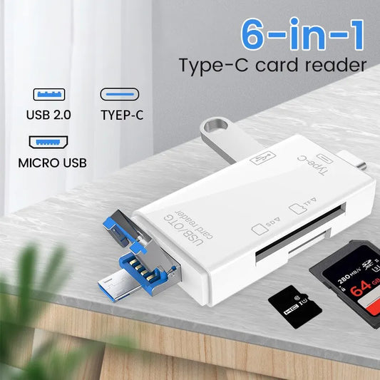 6 in 1 OTG Type C Card Reader – USB 2.0, TF Micro SD Smart Memory Flash Adapter for Mobile Phones