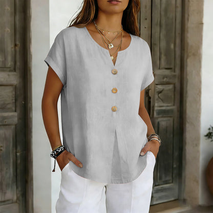 Women’s 2026 Summer Cotton Linen V-Neck Blouse – Solid Color Short Sleeve Loose Button Casual Plus Size Shirt