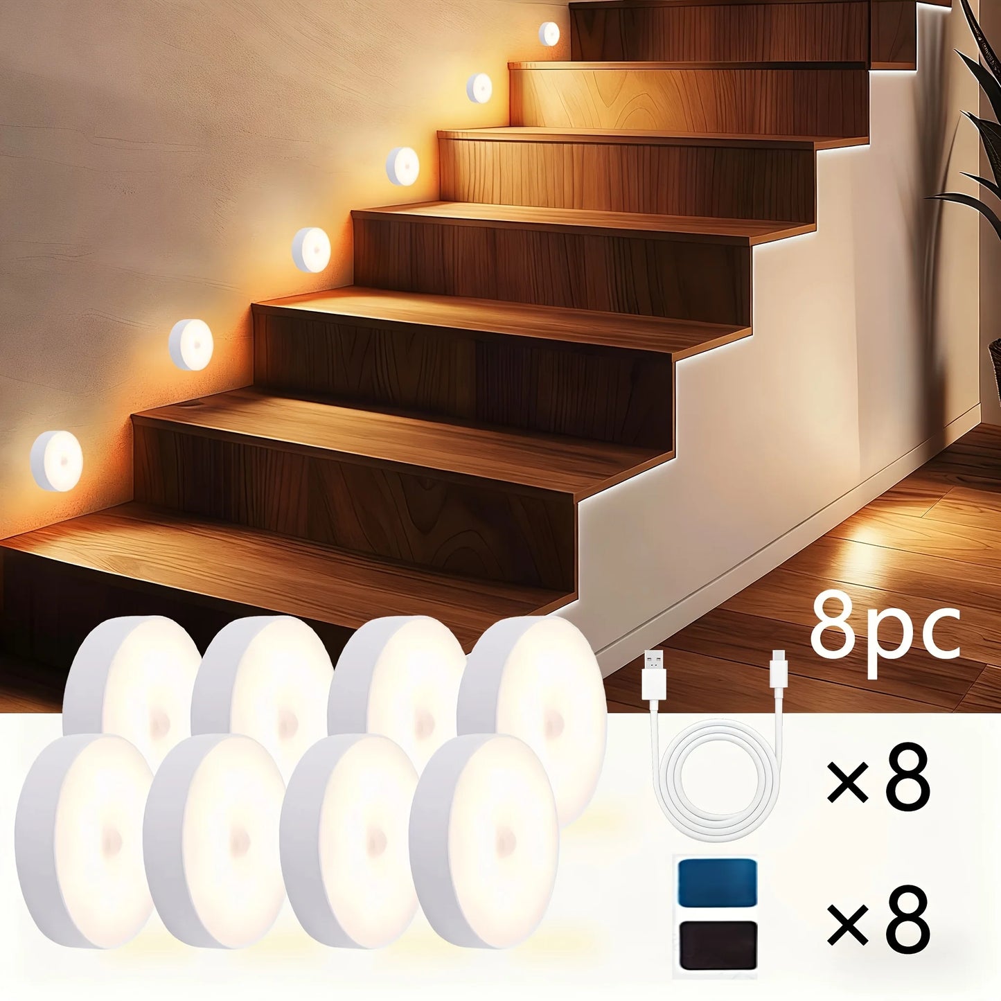 Motion Sensor LED Night Light USB Rechargeable – Wireless Cabinet, Wardrobe & Staircase Lamp (1–8PCS)