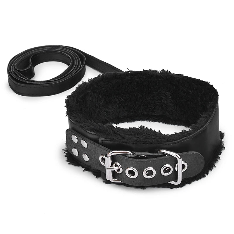 Plush-Lined BDSM Leather Collar & Leash Set - Adjustable Adult Bondage Restraint Accessory