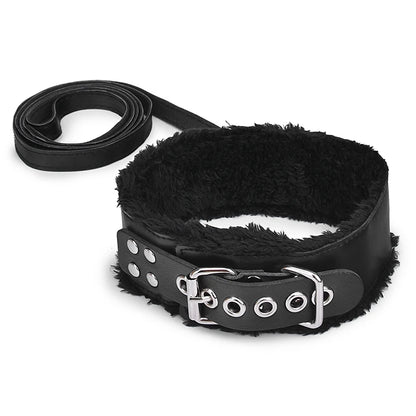 Plush-Lined BDSM Leather Collar & Leash Set - Adjustable Adult Bondage Restraint Accessory