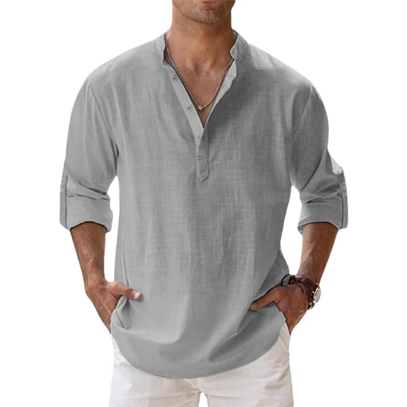Men's Cotton Linen Henley Shirt - Lightweight Long Sleeve Casual Beach Summer Top