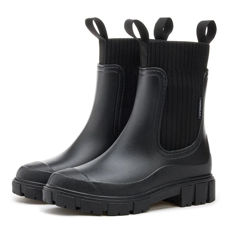 Women’s Mid-Calf PVC Rain Boots – Waterproof Solid Round Toe Platform Shoes