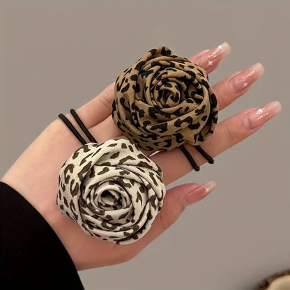 Leopard Rose Hair Ties - 1/2-Piece Elastic Floral Ponytail Accessories