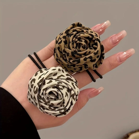 Leopard Rose Hair Ties - 1/2-Piece Elastic Floral Ponytail Accessories