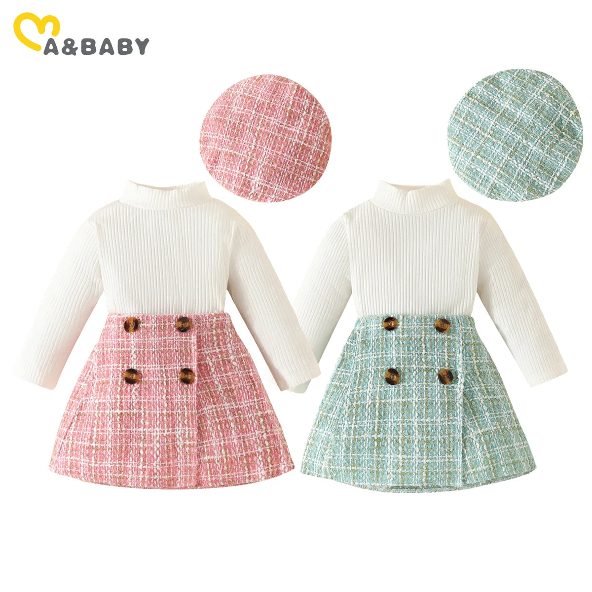 ma&baby Toddler Girls Clothes Set – Knit Long Sleeve Top, Plaid Skirt & Hat, 6M-3Y Fall & Spring Outfit