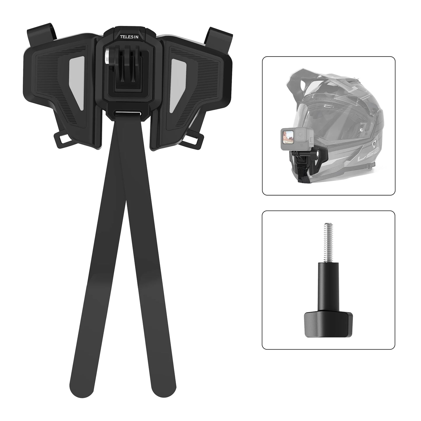 TELESIN Motorcycle Helmet Chin Mount Strap – Foldable Front Mount for GoPro 13/12/11/10/9, DJI Osmo Action & Insta360 Accessories