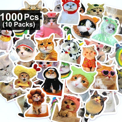 Funny Cartoon Cat Stickers – 100/500/1000-Piece Cute Waterproof-Style Decals for Laptops, Phones, Bikes and Luggage