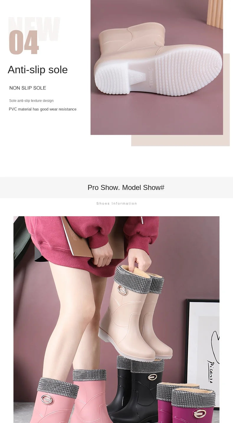 Women’s Fashion Mid-Tube Rain Boots – Wear-Resistant, Waterproof Rubber Shoes with Thick Sole, Non-Slip & Cotton Lining