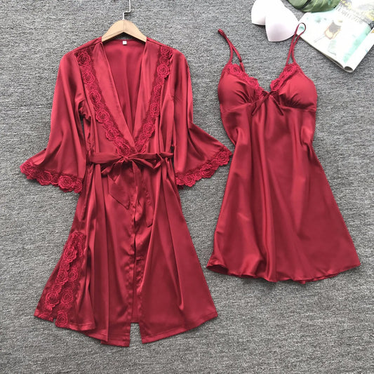 2PCS Satin Lace Pajamas Set - Elegant Female Sleepwear with V-Neck Lace Robe for Wedding Nightwear