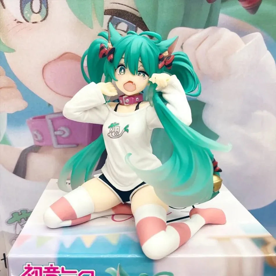 Hatsune Miku 12cm Neko Ears Figure – Cute Anime Desktop Figurine T-Shirt Ver. Kawaii Model Toy Decor