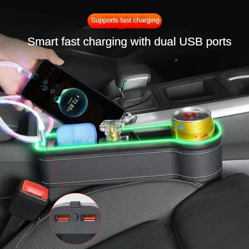 Car Seat Gap Organizer with 2 USB Chargers, LED Colorful Light, Pocket for Cards, Phone, Bottle & Cup Holder
