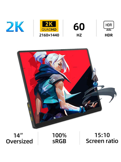 ZSUS 14-Inch 2K Portable Monitor - 2160×1440 60Hz Display for Laptop, PS5, Xbox, Switch & PC