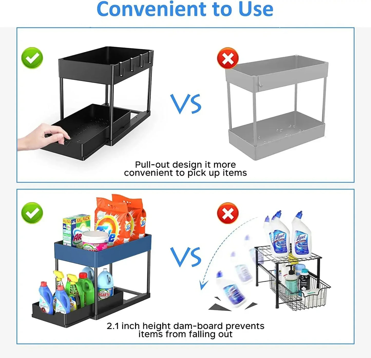 2-Tier Under Sink Sliding Cabinet Organizer — Basket Storage Rack with Hooks for Bathroom & Kitchen