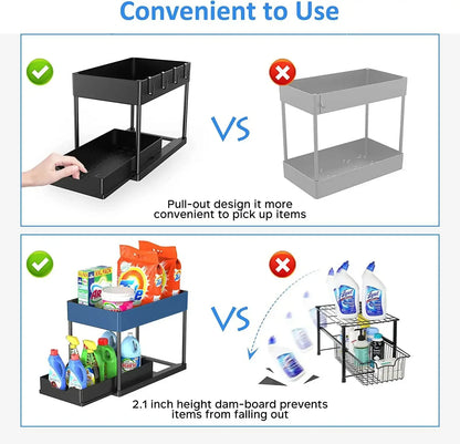 2-Tier Under Sink Sliding Cabinet Organizer — Basket Storage Rack with Hooks for Bathroom & Kitchen